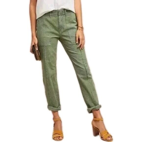 BY ANTHROPOLOGIE The Wanderer Sage Green Leaf Print Jacquard Pants Women's 29 - Picture 1 of 6
